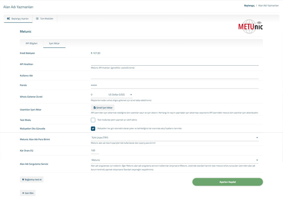 Metunic API Bilgileri