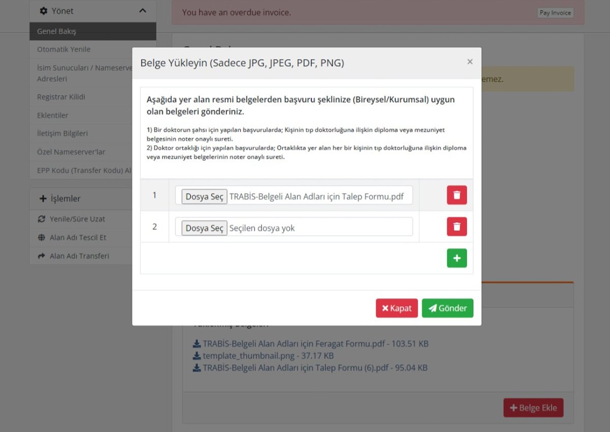 WHMCS Metunic Domain Kayıt Operatörü - Müşteri Belgeli Domain Detayı Belge Yükleme