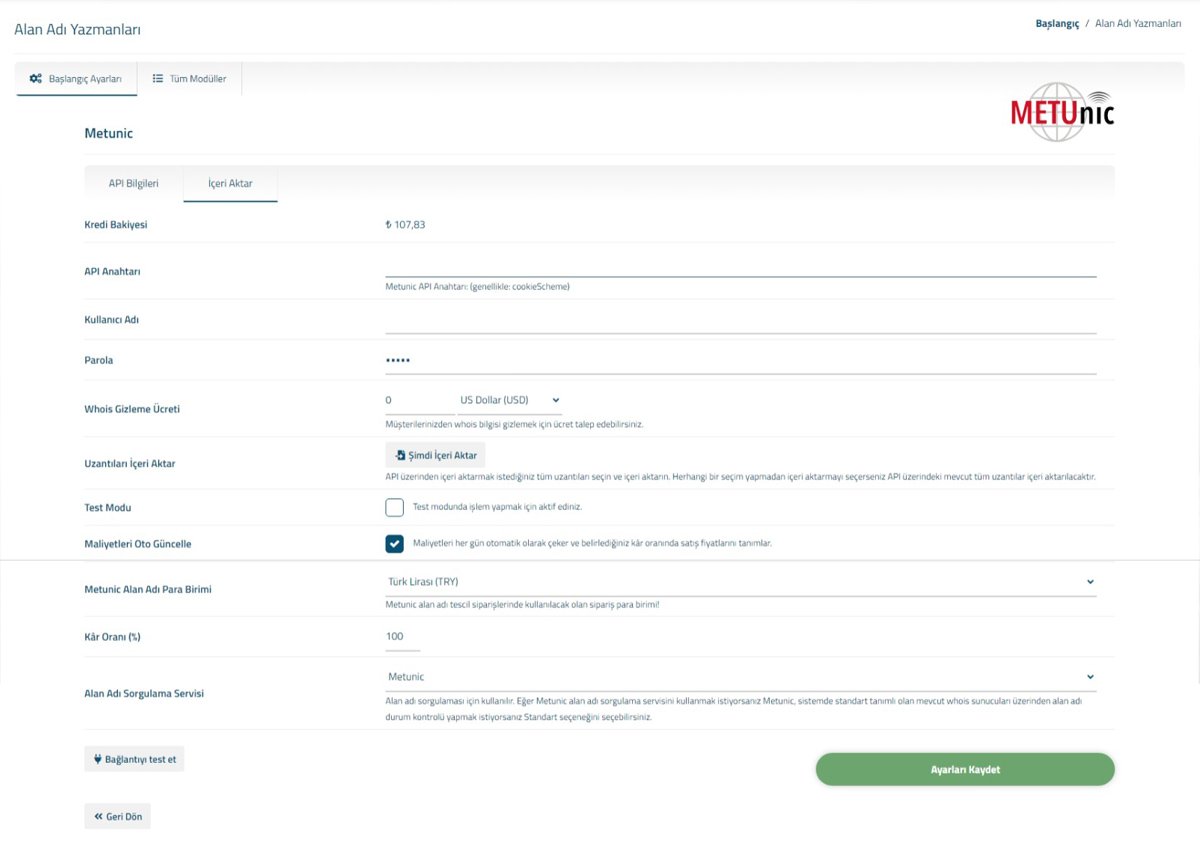 Metunic API Bilgileri