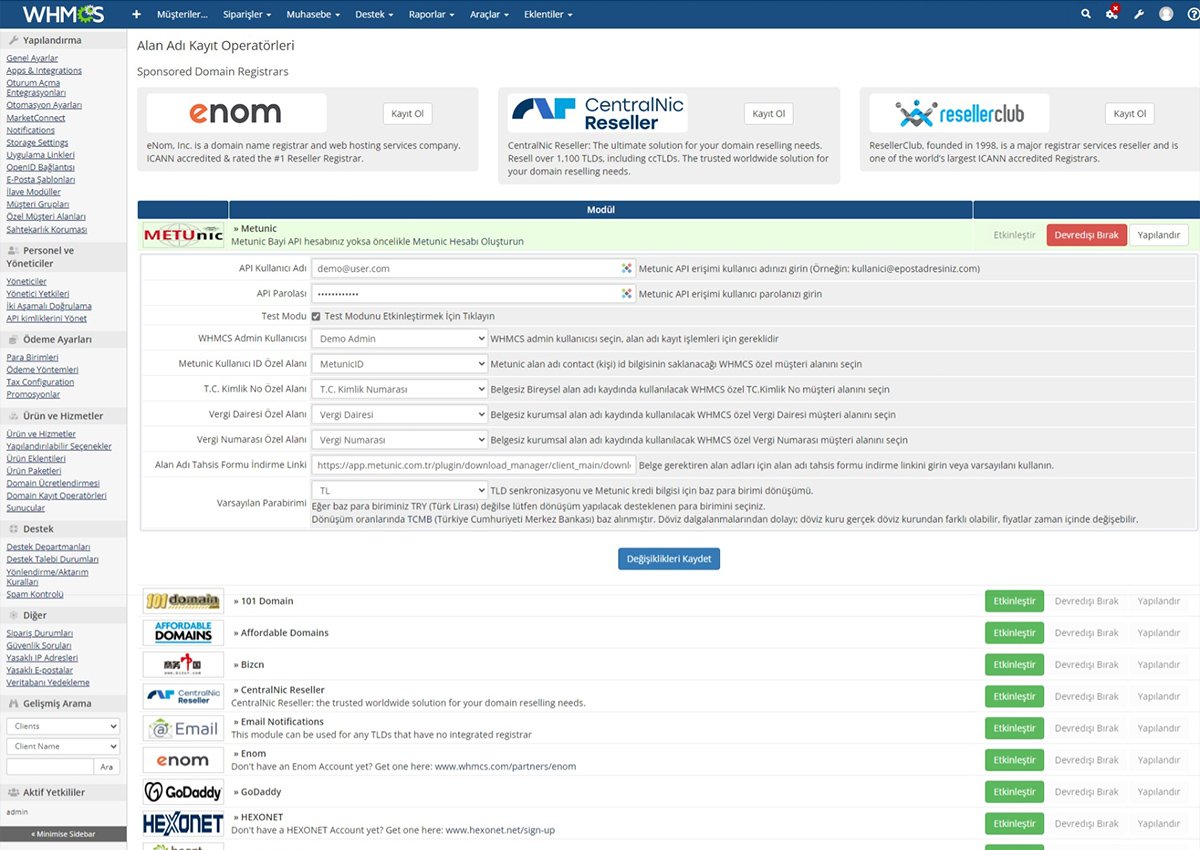 WHMCS Metunic Domain Kayıt Operatörü - Modül Ayarları