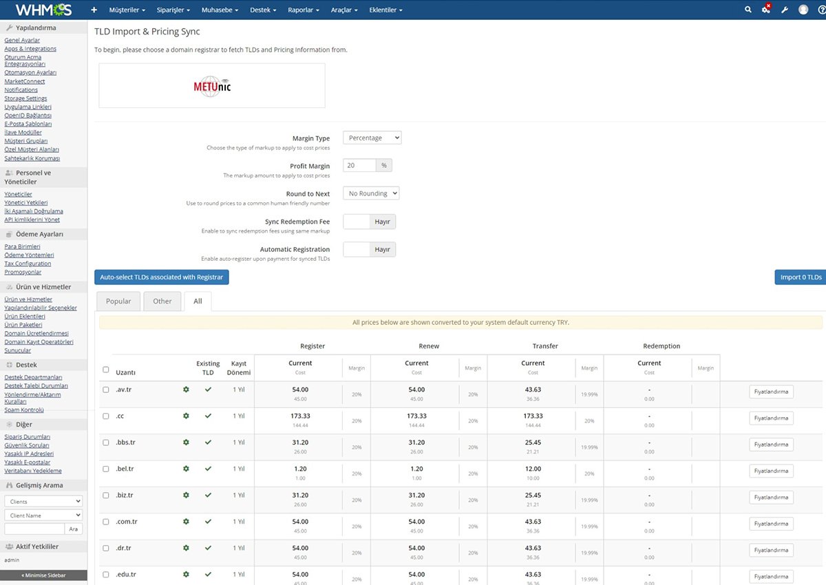 WHMCS Metunic Domain Kayıt Operatörü - Alan Adı ve Fiyat Senkronizasyonu